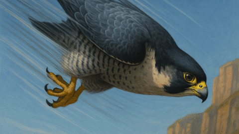 A realistic and detailed illustration of a Peregrine Falcon in flight. The bird should be shown diving at high speed with wings tucked in, showcasing its aerodynamic shape. The background should include a clear sky and distant cliffs to indicate its natural habitat. The falcon should have its characteristic blue-gray feathers, dark head, and sharp yellow talons. Include motion lines or blur effects to emphasize its incredible speed.