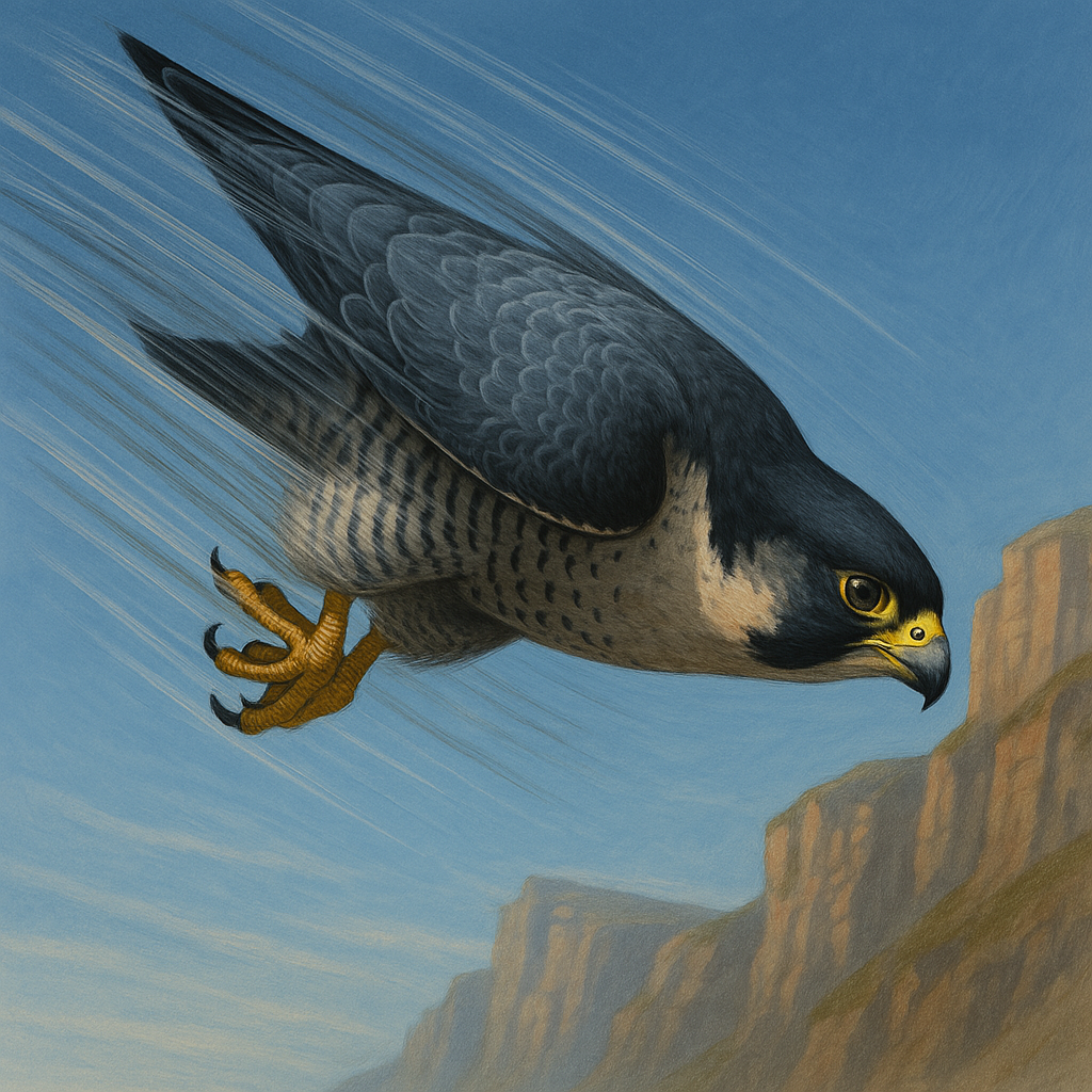 A realistic and detailed illustration of a Peregrine Falcon in flight. The bird should be shown diving at high speed with wings tucked in, showcasing its aerodynamic shape. The background should include a clear sky and distant cliffs to indicate its natural habitat. The falcon should have its characteristic blue-gray feathers, dark head, and sharp yellow talons. Include motion lines or blur effects to emphasize its incredible speed.