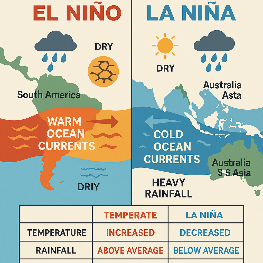 An educational infographic comparing El Niño and La Niña. The design should be clean and colorful, divided into two halves. On the left side, label 'El Niño' with a red theme, showing warm ocean currents near South America, rain clouds over South America, and dry conditions over Australia and Southeast Asia. On the right side, label 'La Niña' with a blue theme, showing cold ocean currents near South America, dry conditions over South America, and heavy rainfall over Australia and Southeast Asia. Include icons for rain, drought, ocean currents, and temperature. Add a summary table at the bottom comparing key effects: temperature, rainfall, and global impact.